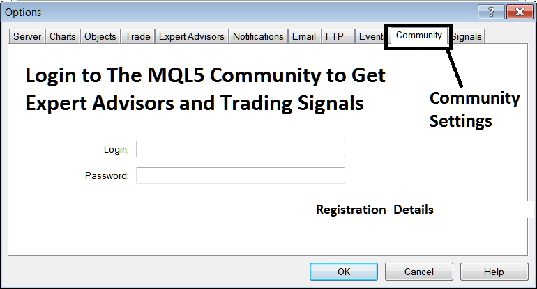 MQL5 Community Login from the MT4 Crypto Software - MT4 BTCUSD Charts Options Settings on Tools Menu