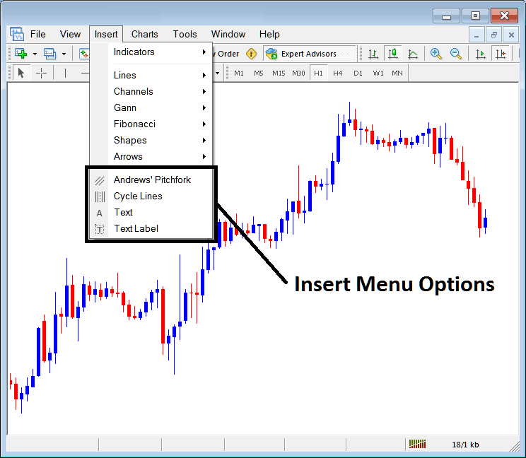 Insert Andrew's Pitchfork, Cycle Lines, Text and Text Label in MetaTrader 5 Platform