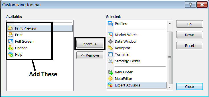 Customize and Add Commodities Trading Tools Buttons on Standard MT4 Toolbar - MT4 Commodity Toolbar Menu Tutorial