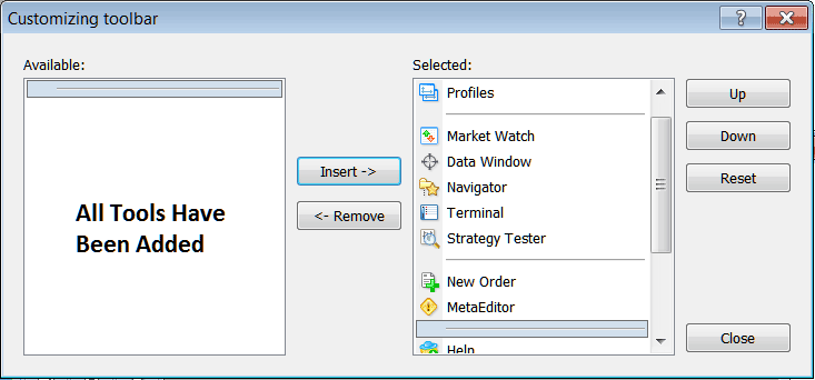 How to Customize and Add Tools in Standard MT5 Toolbar - Trading Platform MetaTrader 5 Trading Toolbar Menu