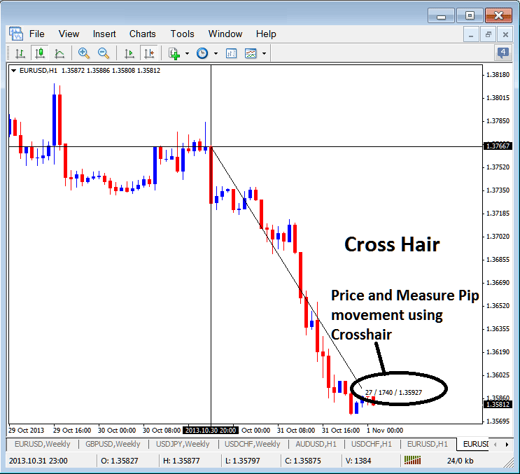 Using Cross Hair Tool in MT4 Software to Measure Pip XAUUSD Price Movement - XAU/USD MetaTrader 4 Data Window - How Do I Use MT4 XAU/USD Platform Data Window Tutorial PDF?