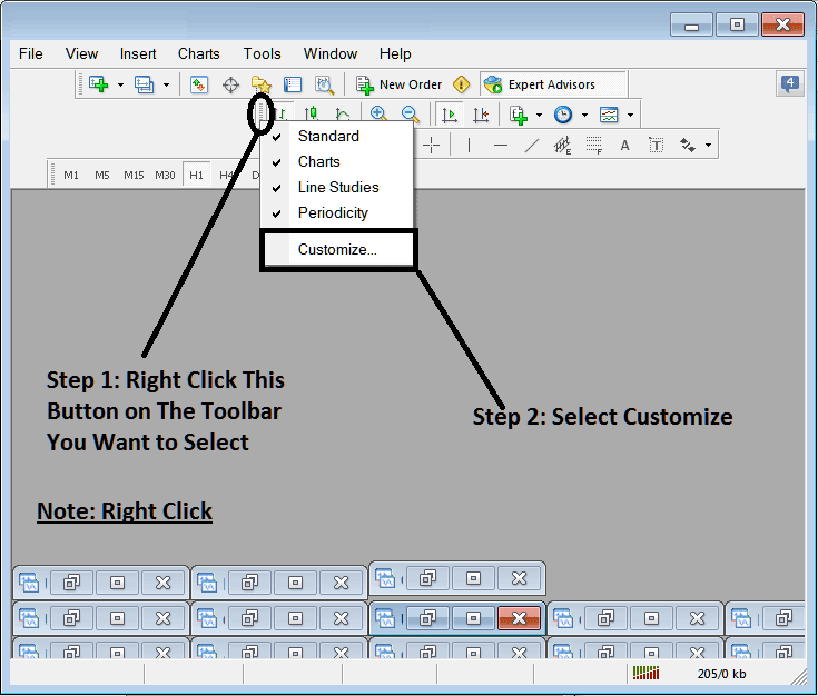 How to Customize and Add Tools on the Line Studies Toolbar in MetaTrader 4 - Gold Trading Line Studies Toolbar Menu - Customizing XAU Trading Line Studies Toolbar Menu on MT4