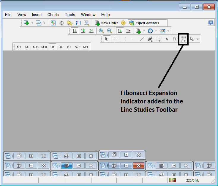 Fibonacci Expansion Levels Indicator Added to Line Studies Toolbar on MetaTrader 4 - Customizing and Arranging Gold Charts Toolbars in MetaTrader 4 - MetaTrader 4 Gold Charts Toolbars