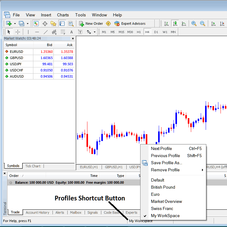 Profile Short Cut Button on MetaTrader 4 - MT4 XAU USD Platform Work Space - How to Save Profile on MetaTrader 4