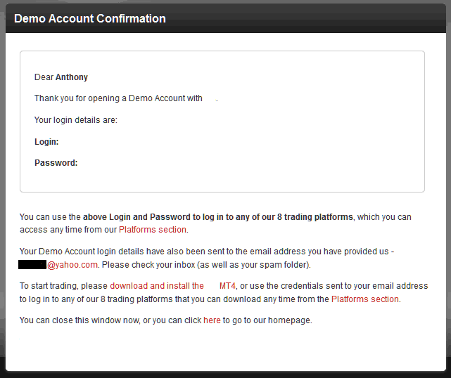 Demo Account Registration Confirmation From XAUUSD Broker - MetaTrader 4 Demo Free XAU USD Trading Practice Account