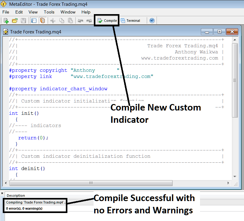 Compile a New MetaTrader 4 Gold Chart Custom Indicator on MetaTrader 4 MetaEditor