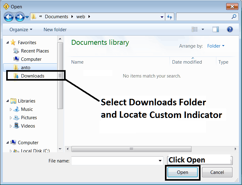 Locate Downloaded Indicator on Your Computer to Install it on MetaTrader 4 - MT4 MetaEditor Tutorial: Adding MetaTrader 4 Gold Chart Custom Indicators