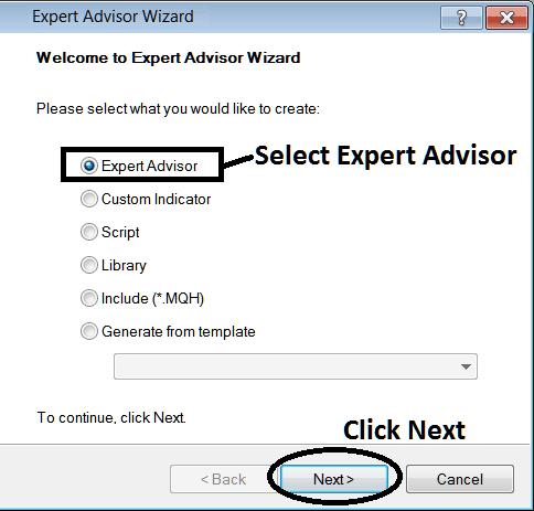 Window for Adding New EA on MT4 - MetaTrader 4 MetaEditor - MT4 XAUUSD Trading Platform Download