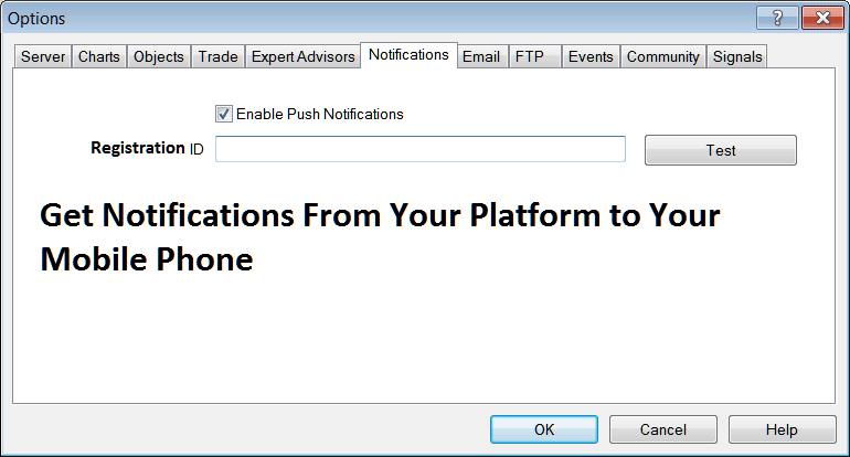 Notifications Settings for Mobile Phone on MetaTrader 4 - MetaTrader 4 XAU/USD Charts Options Setting on Tools Menu