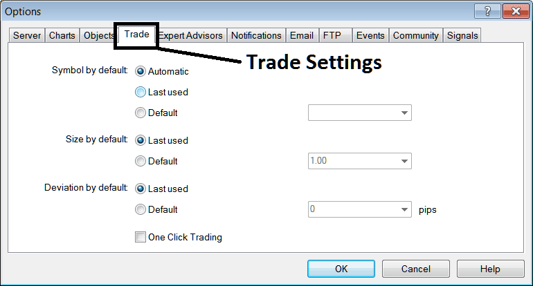 Trade Settings Option on MetaTrader 4 - MetaTrader 4 XAUUSD Chart Options Settings in MetaTrader 4 Tools Menu