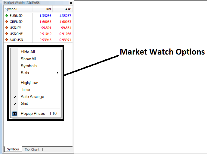Trading Symbols on MetaTrader 4 Market Watch Window - How to Use XAU USD MetaTrader 4 Market Watch Window Tutorial PDF