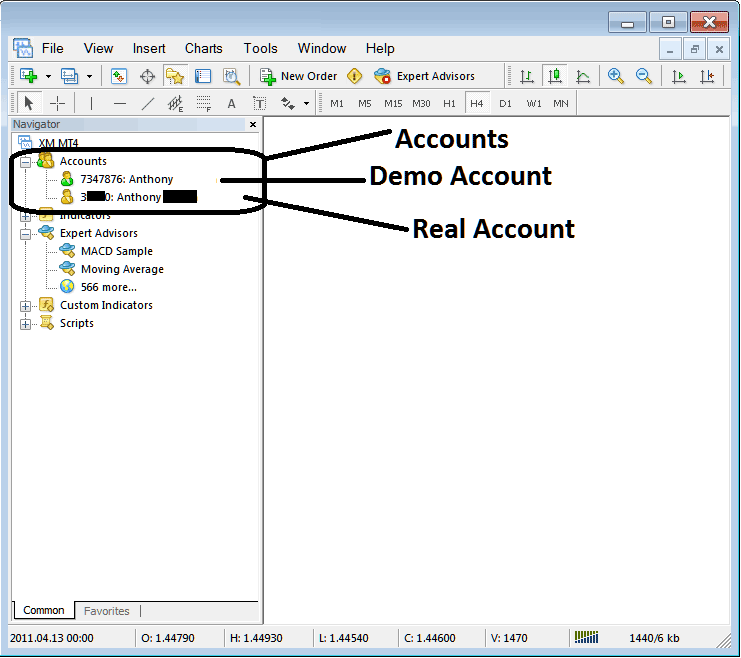 Demo Account and Real Account on MetaTrader 4 - XAUUSD Trading MT4 Navigator Window - How to Use XAUUSD Trading MT4 Navigator Window Tutorial