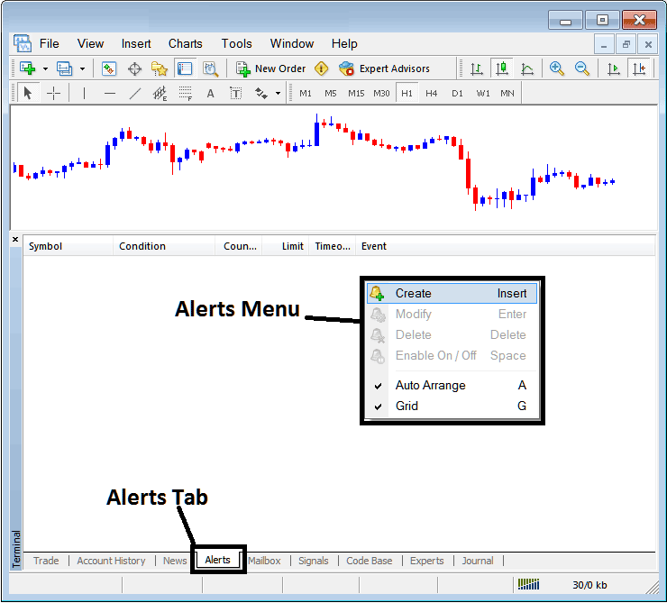 Alerts Menu and Alert Tab for Setting Trading Alerts on MetaTrader 4 - MetaTrader 4 XAU/USD Transactions Tabs Panel