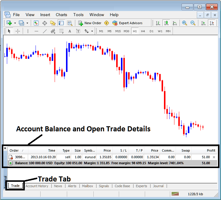 Account Balance and Open Trade Details on MT4 Terminal - XAU/USD MetaTrader 4 Transactions Window