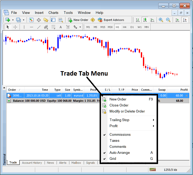 Trade Tab Menu on MetaTrader 4 Terminal Window - XAU/USD Trading MetaTrader 4 Online Trading Platform