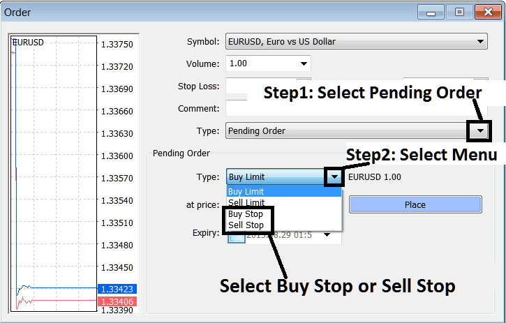 Setting Buy Stop Gold Order and Sell Stop Gold Orders on MetaTrader 4 - Entry Stop Gold Orders: Buy Stop Gold Order and Sell Stop Gold Order - Gold Trading Stop Orders Examples Explained
