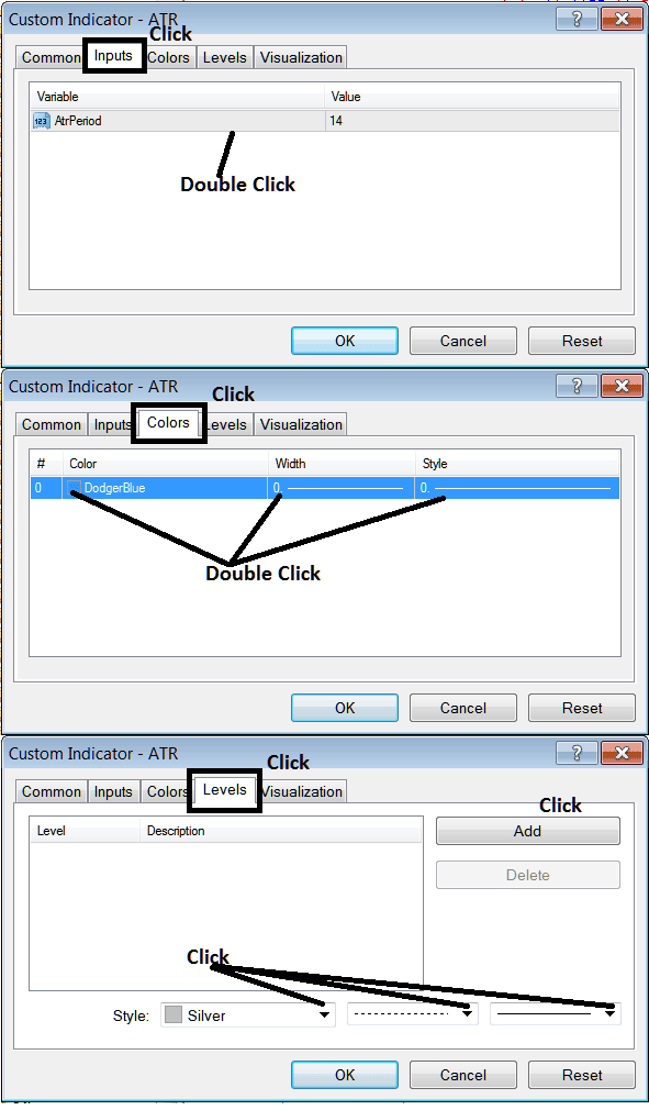 Edit Properties Window for Editing Average True Range Indicator Settings - How Do I Place Average True Range Gold Indicator on Gold Chart on MT4?