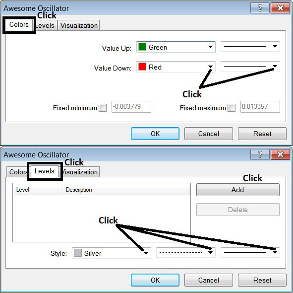 Edit Properties Window for Editing Awesome Oscillator Gold Indicator Setting - How to Add Indicator to MetaTrader 4