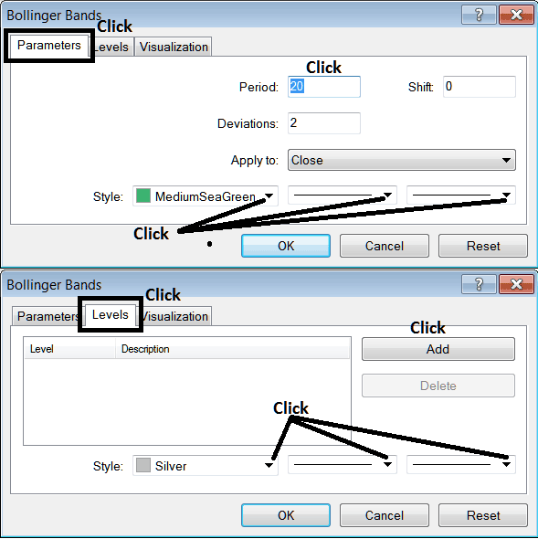 Edit Properties Window for Editing Bollinger Bands Gold Indicator Settings - How Do I Place Bollinger Bands XAU Technical Indicator on Chart on MetaTrader 4? - How Do I Add Bollinger Bands Indicators to MT4?