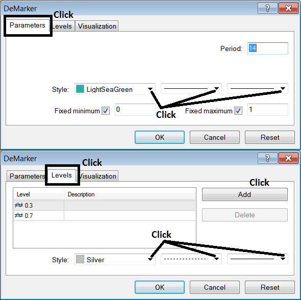 Edit Properties Window for Editing Demarker Gold Indicator Setting - How Do I Place DeMarker XAU Technical Indicator on XAU Chart in MetaTrader 4?