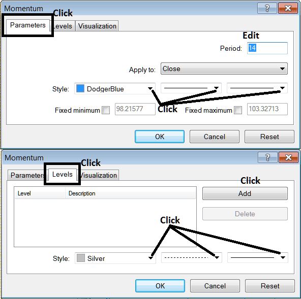 Edit Properties Window for Editing Momentum Gold Indicator Setting - How Do I Place Momentum Technical Indicator on XAU Chart in MetaTrader 4? - MetaTrader 4 Momentum XAU/USD Indicator for XAU/USD Technical Analysis