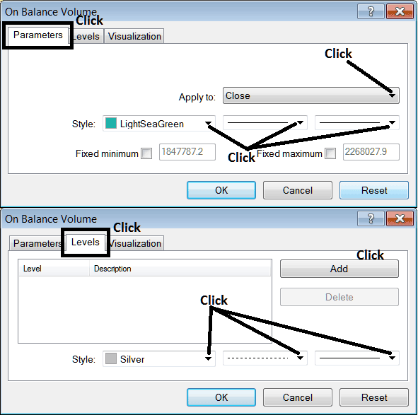 Edit Properties Window for Editing On Balance Volume Indicator Settings - OBV MT4 Gold Indicator Explained