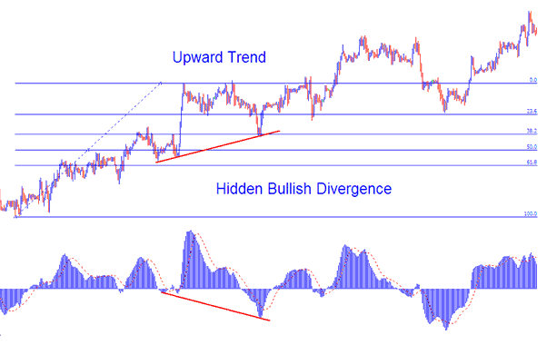 Hidden Bullish Divergence on Upwards Trend Combined with Fib Retracement Levels