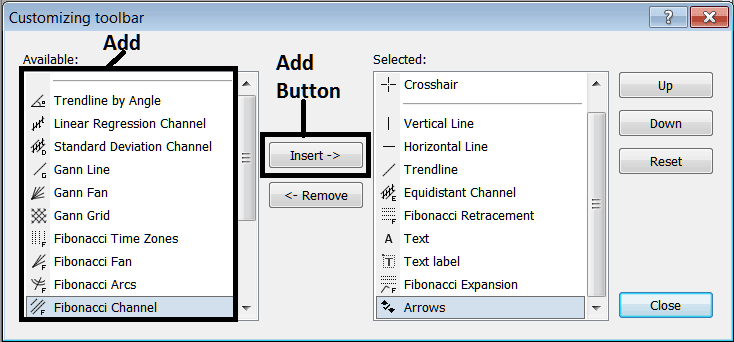 Add Line Tools to the Line Studies Toolbar on MetaTrader 4 - MT4 Index Trading Line Studies Toolbar Menu Tutorial