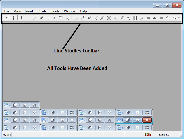 All Tools on Line Studies Toolbar in the MT4 Indices Software - Customizing Stock Indices Trading Line Studies Toolbar Menu in MT4