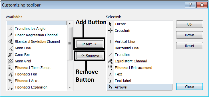 Adding and Removing Toolbar Buttons - MT4 Stock Index Charts Toolbars