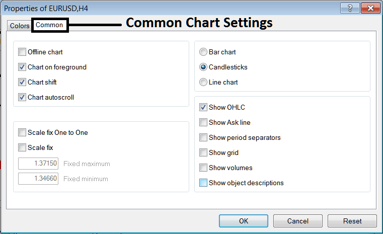 Common Chart Setting on MetaTrader 4 for Stock Index Charts - Index Chart Properties on Charts Menu in MT4 - How Do You Edit MetaTrader 4 Chart Properties?