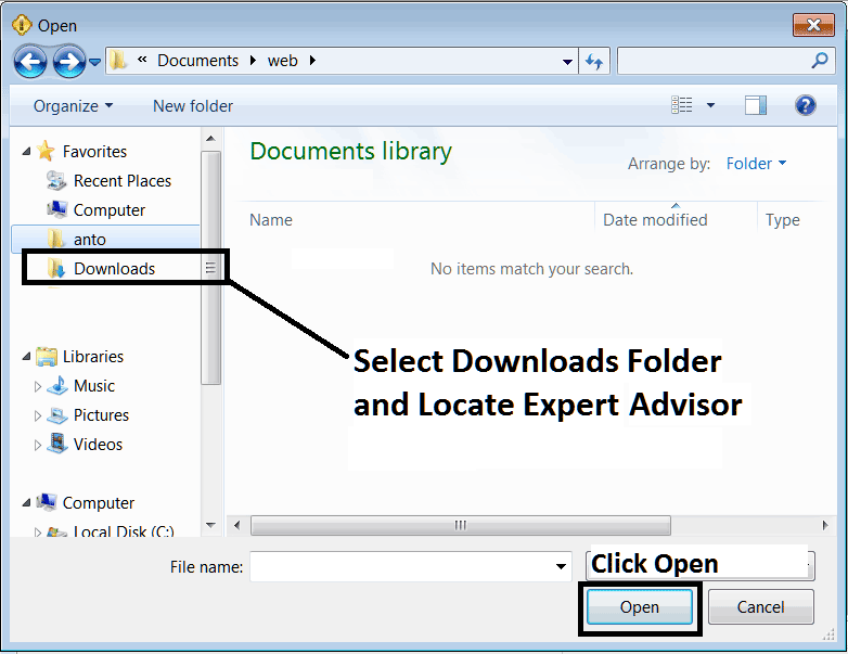 Locate Downloaded Expert Advisor on Computer and Install it on MetaTrader 4 - Index MetaTrader 4 Platform MetaEditor: How Do I Add Indices Trading Expert Advisors?
