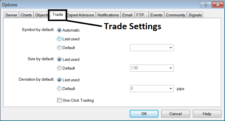 Trade Settings Option in MetaTrader 4 - Stock Index Charts Options Setting on Tools Menu on MT4 - What are Chart Options Settings in MetaTrader 4