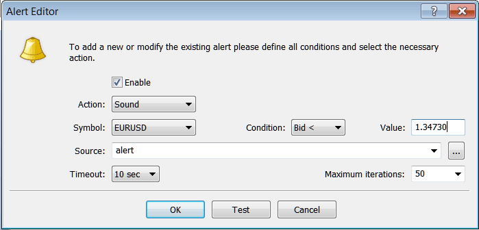 MT4 Window for Setting Trading Alerts on MT4 Terminal Window - MetaTrader 4 Stock Index Transactions Tabs Panel