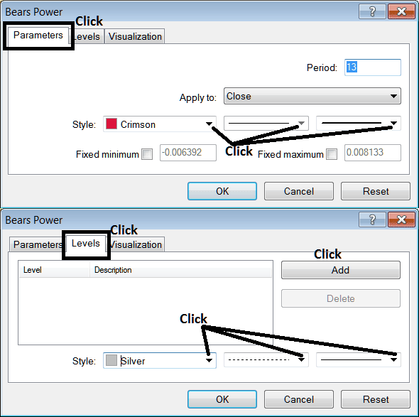 Edit Properties Window for Editing Bears Power Stock Index Indicator Setting - Place Bears Power Indices Indicator on Chart in MetaTrader 4