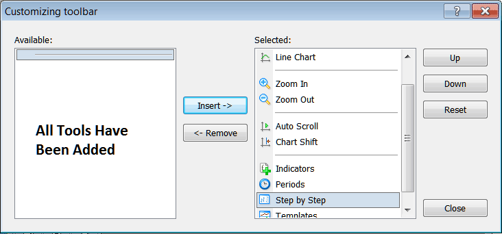 How to Customize Tools and Add Forex Trading Buttons to the MetaTrader 4 Forex Charts Tool Bar - Forex Charts Toolbar Menu and Customizing Charts Toolbar Menu on MT4 - MT4 Forex Charts Toolbar Menu Tutorial - Customizing Forex MetaTrader 4 Charts Toolbar Menu Tutorial