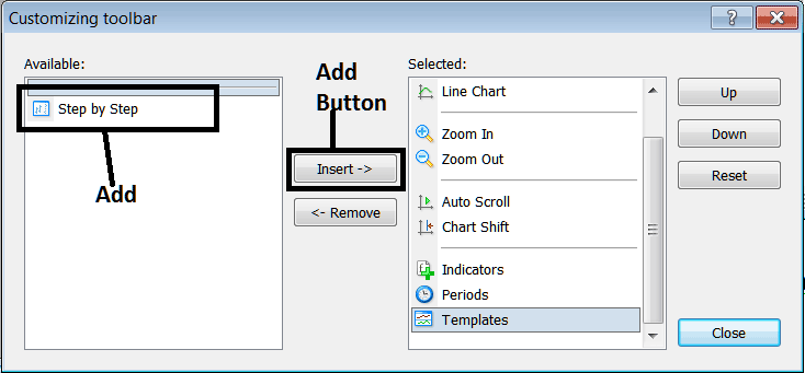 How Do I Add Buttons to the MT4 Charts Toolbar by Customizing MT4 Charts Toolbar? - Forex Charts Toolbar Menu and Customizing Charts Toolbar Menu in MetaTrader 4