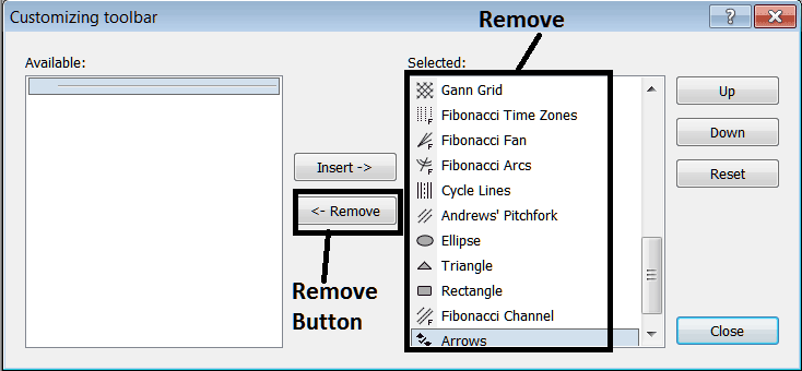 How to Remove a Tool from the Lines Toolbar on MT4 - MetaTrader 4 Line Studies Toolbar Menu PDF
