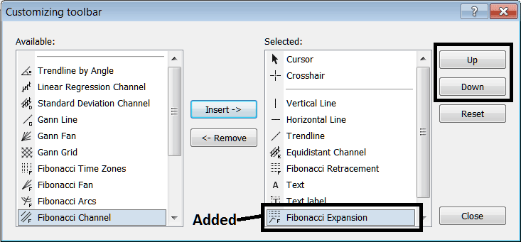 Example of How to Add Fibonacci Expansion Indicator on Line Studies Toolbar - Customizing and Arranging Trading Charts Toolbars in MT4