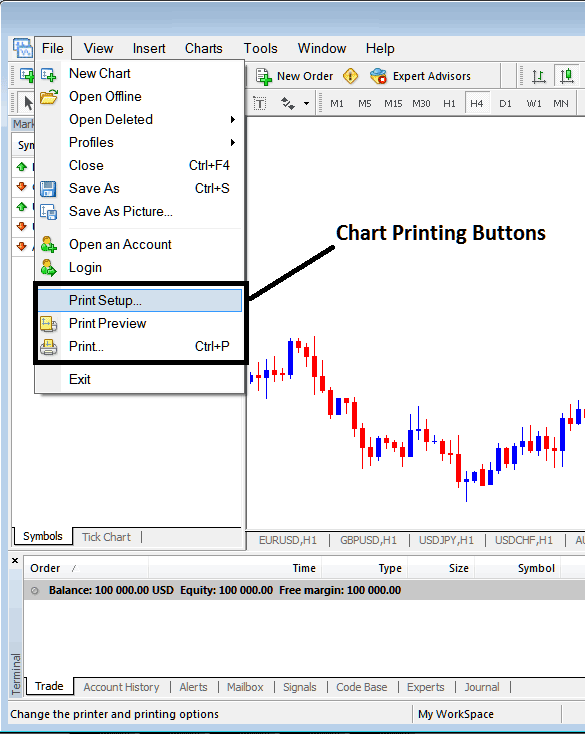 Print Setup and Printing Stock Index Trading Charts on MetaTrader 4 Stock Indices Trading Platform - MetaTrader 4 Stock Index Trading Platform Tutorial