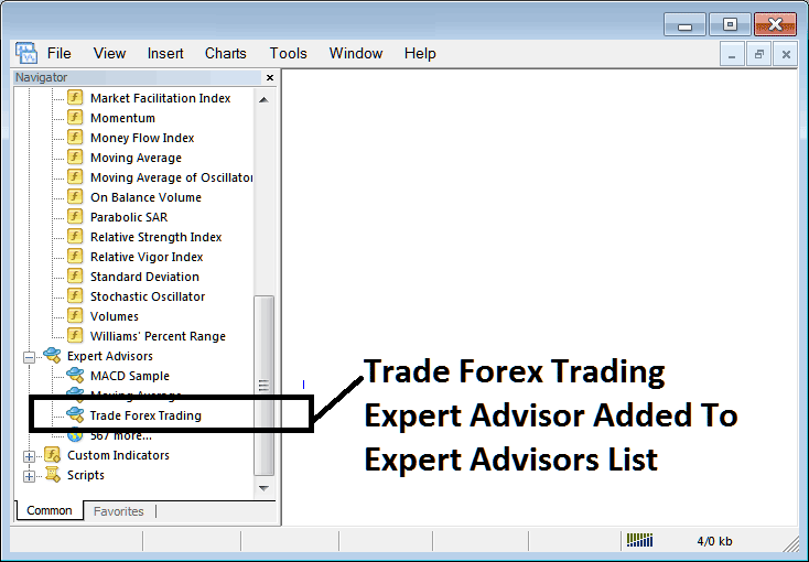 Stock Index Expert Advisor Added on MetaTrader 4 List of Installed Expert Advisors
