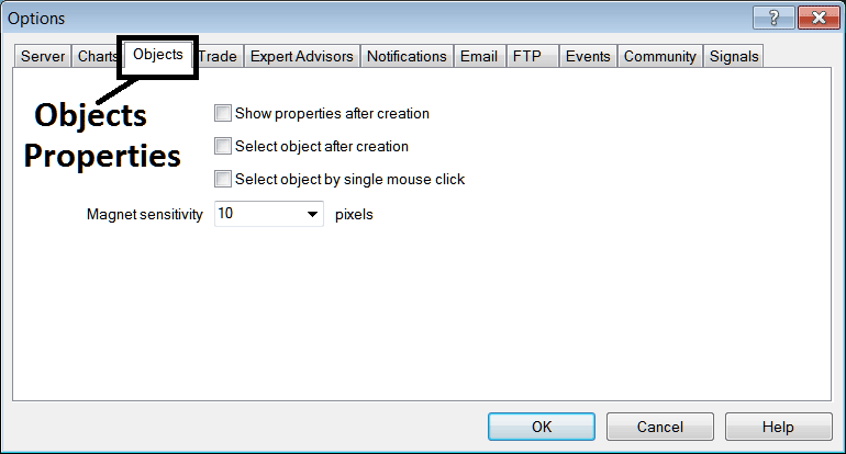 Object Properties Editing Option in MT4 - MetaTrader 4 Charts Options Setting on Tools Menu on MT4