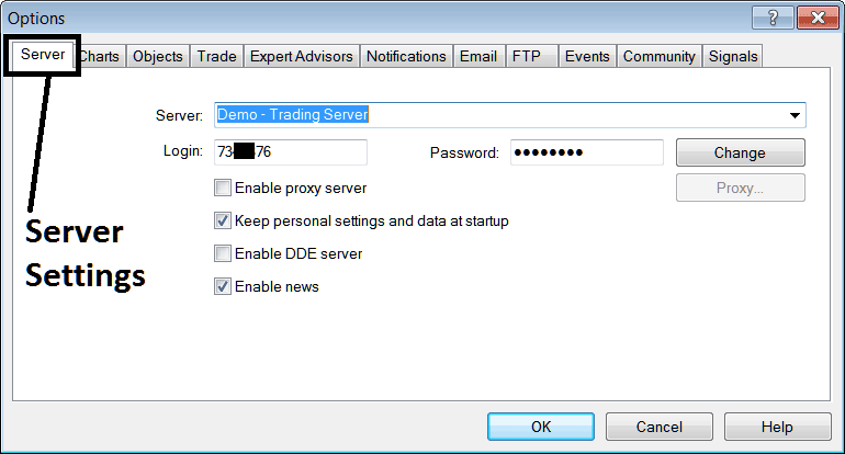 Server Setting Option in MT4 - MetaTrader 4 Trading Chart Options Settings in MetaTrader 4 Tools Menu - MT4 Charts Options Settings on MT4 Tools Menu