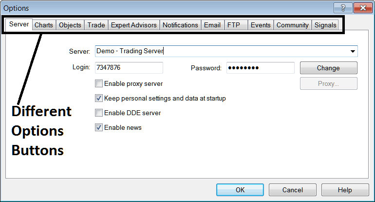 MT4 Options Settings Window for Various MT4 Trader Setting - MetaTrader 4 Charts Options Settings on Tools Menu on MetaTrader 4