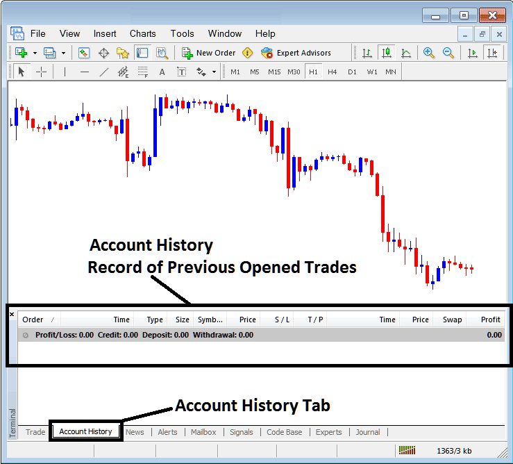 Forex Trading Account History Tab for Recording Closed Forex Trade Orders on MT4 Forex Trading Platform - Forex Trading Platform MetaTrader 4 Terminal Window - MetaTrader 4 Forex Terminal Window Explained - MT4 Forex Trading Platform Transactions Tabs Panel - MT4 Forex Transactions Window - How to Get Trade History MetaTrader 4 Forex Trading Software