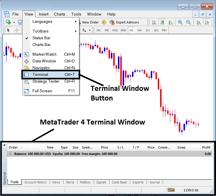 MT4 Stock Indices Trading Platform Terminal Window and Terminal Button View Menu for MetaTrader 5 Stock Indices Trading Platform Transactions Tab - MetaTrader 4 Stock Indices Trading Transactions Tabs Panel - Stock Indices Trading MT4 Online Trading Platform - Stock Indices Trading MetaTrader 4 Transactions Window