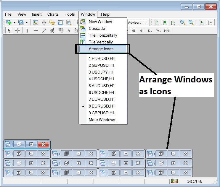 How to Arrange Currency Pairs Charts as Arranged Icons on MT4 - Open Charts List in MT4 - Learn How to Trade MT4 Charts