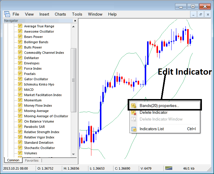How to Trade Forex with Bollinger Bands Indicator on MetaTrader 4 Forex Platform - Place Bollinger Bands Indicator on Chart on MT4 Forex Trading Platform - How to Add Bollinger Bands Indicator to MT4 Forex Trading Platform - MetaTrader 4 Bollinger Bands Technical Indicator