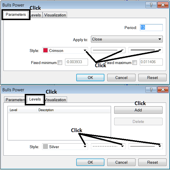 Edit Properties Window For Editing Bulls Power Gold Indicator Settings