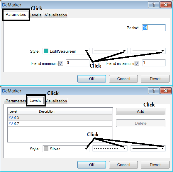 Edit Properties Window For Editing Demarker Gold Indicator Settings